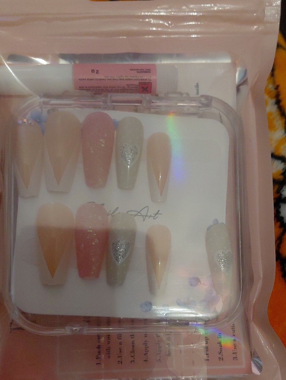Neutral Pink & Nude Press-On Nail Set with Silver Glitter Accent